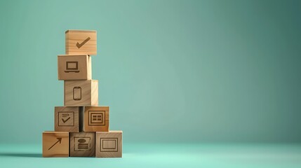 Vertical Stack of Wooden Boxes Business Icons on Solid Color Background