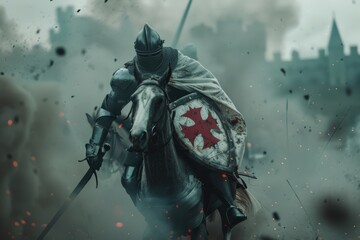 Medieval knight on horseback in battle.