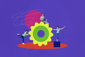 Creative photo collage image teamwork cooperation cogwheel partnership project management progress...