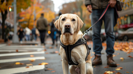 Attentive Labrador guide dog on busy city street in fall