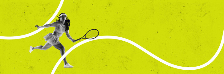 Black and white image of active young woman, tennis player on abstract sports court, playing against yellow background. Contemporary art collage. Sport, competition, motivation, dynamics concept. Ad