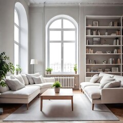 Modern decorated empty living room with traditional  sofa, white soft comfortable furniture, large window, bookshelves. Stylish home interior design for city apartment.