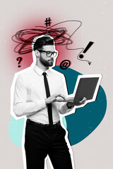 Vertical photo collage of serious businessman type macbook device cyberbully hate problem stereotype isolated on painted background