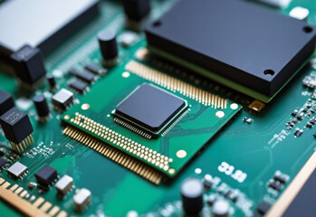 closeup on an advanced GPU ram microchip or cpu of a powerful computer board for artificial intelligence technology
