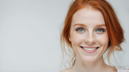 Naklejka premium Portrait of a beautiful young redhead woman with freckles on her face