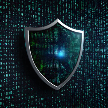 Protection shield on a binary code background. 3d illustration.