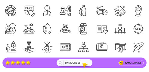 Lighthouse, Vip transfer and Frying pan line icons for web app. Pack of Management, Face cream, Time hourglass pictogram icons. Seo, Fake information, Timer signs. Aluminium mineral. Vector