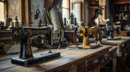 Fototapeta premium Sewing machines arranged in a workshop.