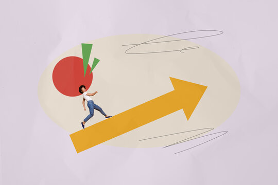 Composite photo collage of excited happy american girl run promotion arrow up development pointer career isolated on painted background