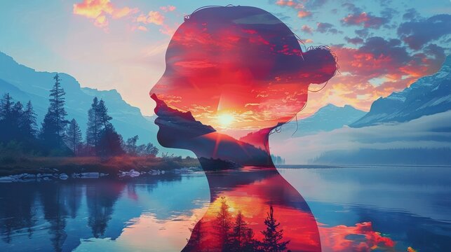 Yoga practice, riverbank, tranquility close up, focus on, copy space Lush and serene shades Double exposure silhouette with riverbank yoga