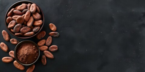 Aerial View of Cocoa Beans, Chocolate, Cocoa Butter, and Powder on Black Background. Concept Food Photography, Cocoa beans, Chocolate products, Black background, Aerial view