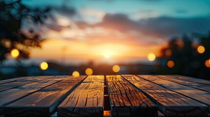 Fototapeta premium Empty wooden table top in front Beautiful blurred sunset background in the evening