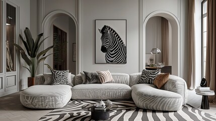 a zebra print sofa in the middle of a cozy minimalist room in soft light gray tones. Scandinavian loft style. copy space