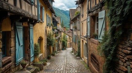 Fototapeta premium Flowery streets on a rainy spring day in a small magical village