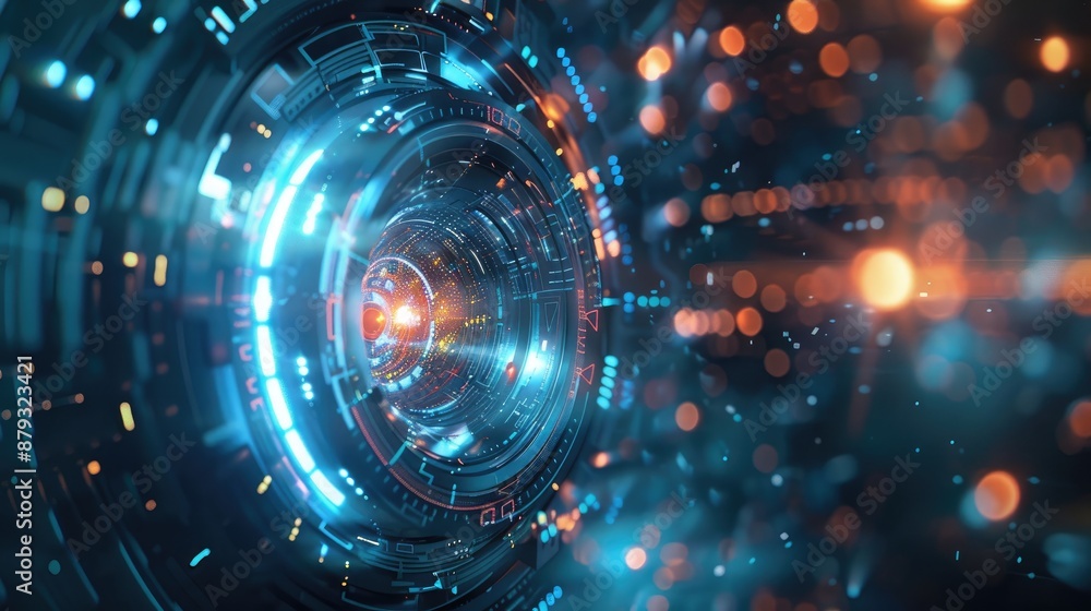 Poster a high-tech tunnel with glowing blue and orange lights creating a futuristic and dynamic atmosphere,