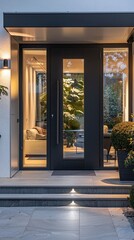 Modern front glaas door entrance with plants on porch contemporary design concept from aluminium doors, showroom, outdoor decor, 