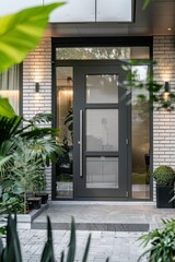 Modern front door with glass, antracit color entrance with potted plants and contemporary design concept contemporary design concept from aluminium doors, showroom, outdoor decor, 