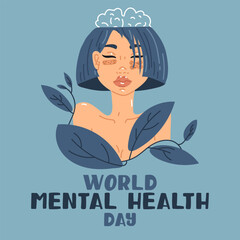 World Mental Health Day girl in Flowers, October 10th. An illustration of a girl with clear thoughts. Big blue leaves. Illustration on a blue background. The contour of the brain is calm. Inscription