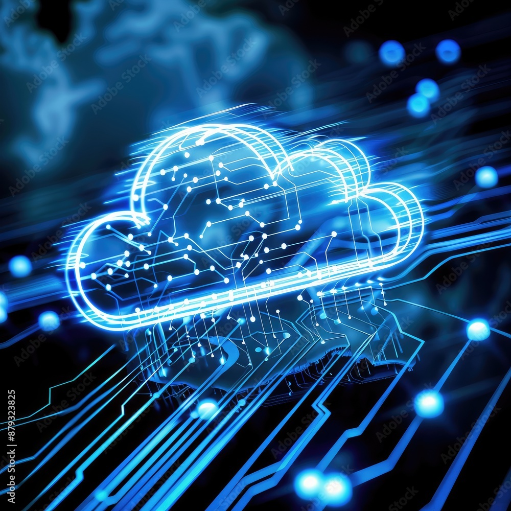 Poster a glowing cloud icon made of digital circuits, representing cloud computing, with a futuristic blue 