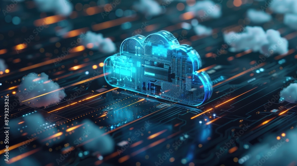 Poster a digital representation of a cloud network with circuits and neon lights, set against a blurred bac