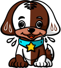 Picture of a drooling brown and white puppy with a green collar sitting and smiling happily, cartoon characters on transparent background.