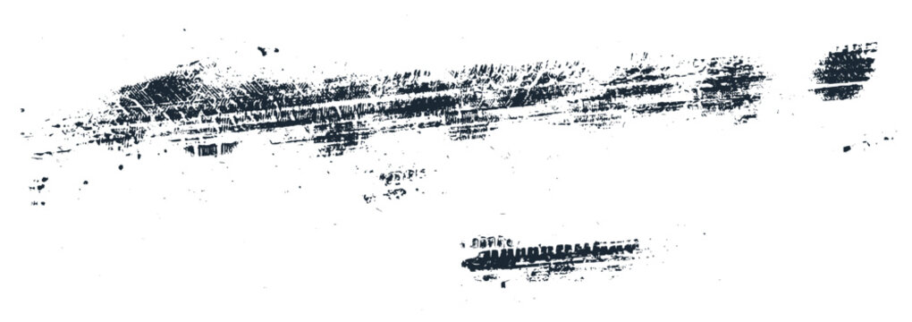 Mud tire tracking. Dirt track from the car wheel protector. Tire mark silhouette. Grunge overlay texture. Abstract black pattern. Vector illustration, EPS 10.