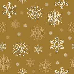 Vector seamless winter pattern with white snowflake on gold background