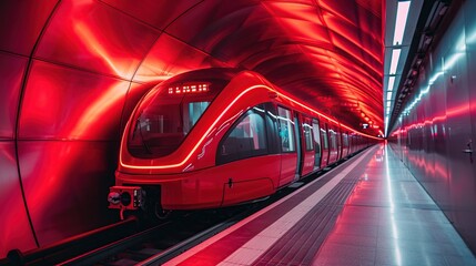 Naklejka premium Red Train Entering a Tunnel Station