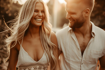 Fototapeta premium Happy couple laughing together outdoors