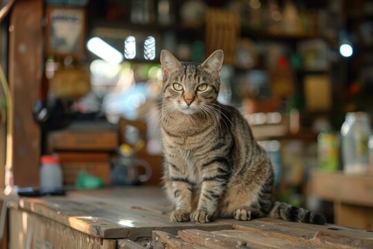 Tabby cat is sitting on a wooden counter in an antique shop, looking forward