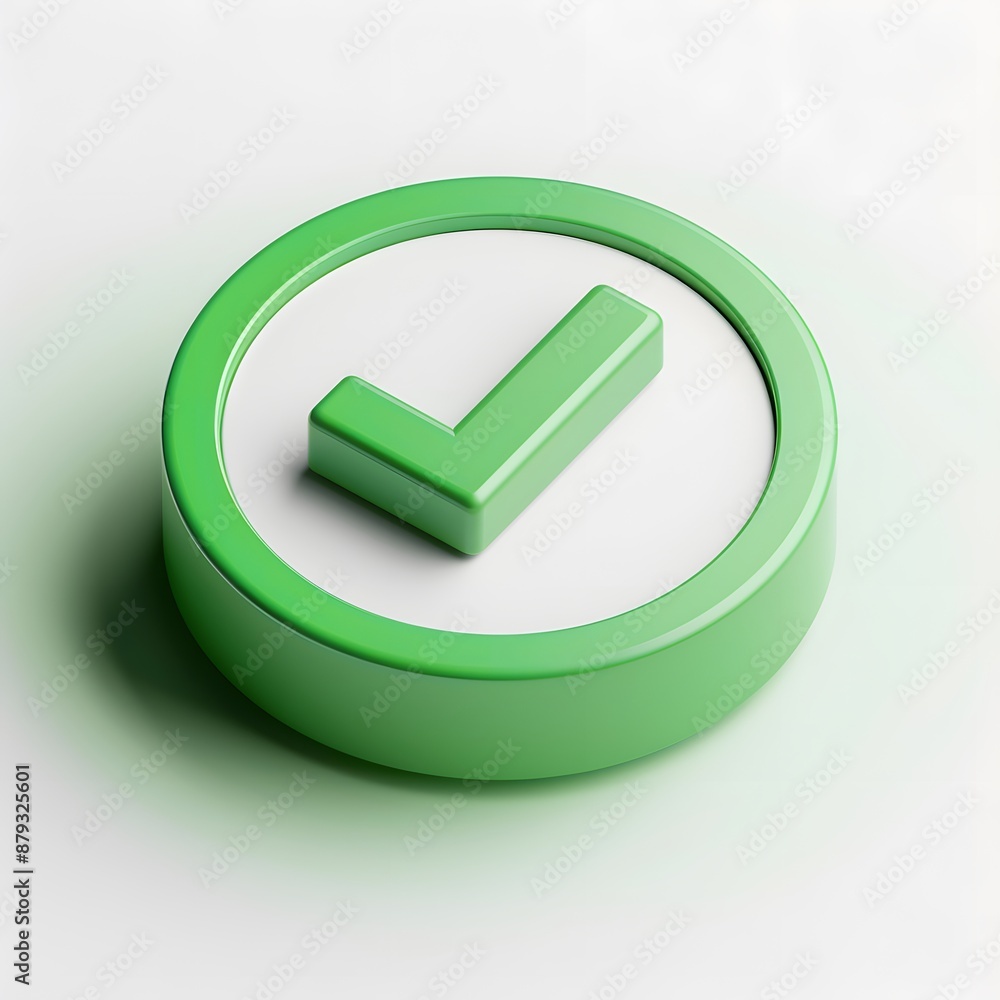 Poster 3d rendered green check mark button, symbolizing approval and success, isolated on a white backgroun