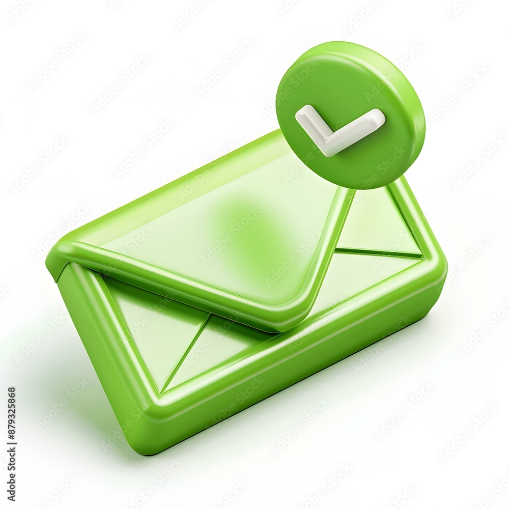 Poster a 3d rendered green email icon with a check mark symbolizing a successful message sent or received. 