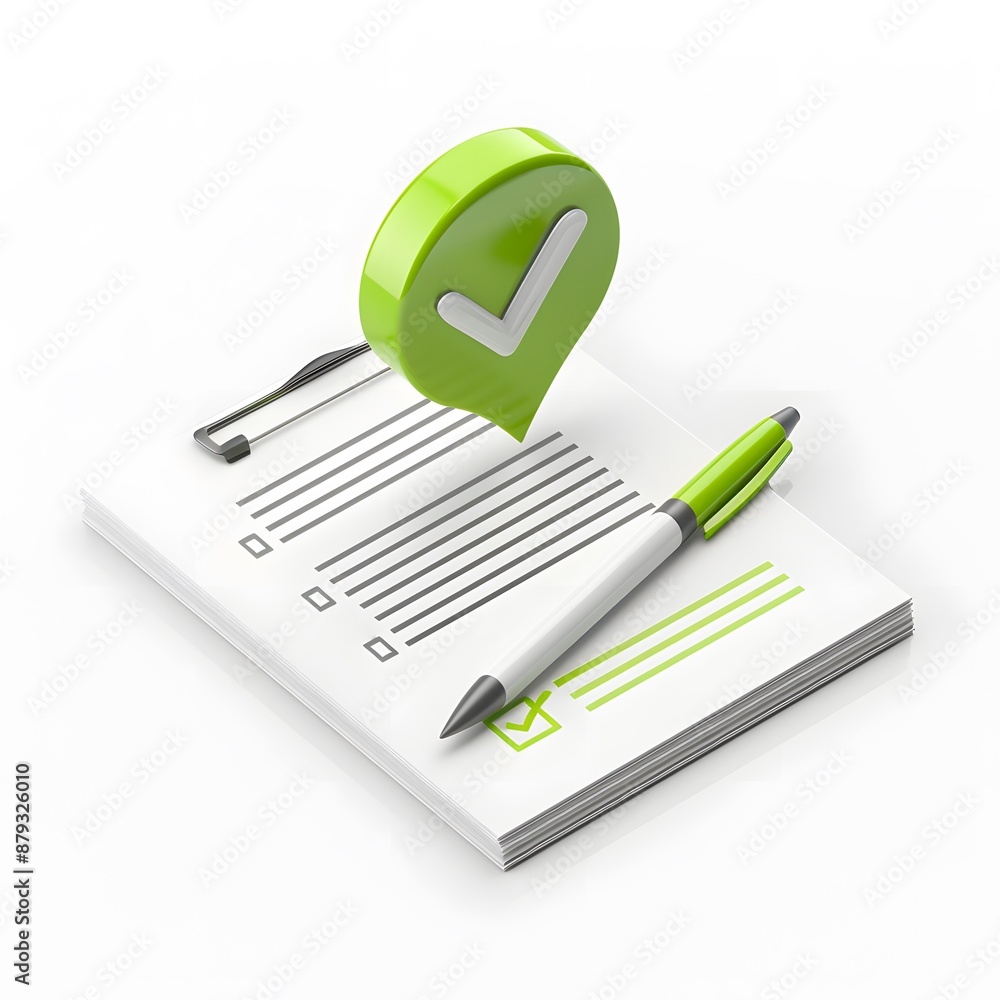 Poster checklist icon with green checkmark and pen representing task completion, organization, and producti