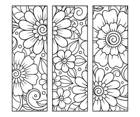 Printable bookmark for book - coloring. Set of black and white labels with flower patterns, hand draw in mehndi style. Sketch of ornaments for creativity of children and adults with colored pencils.