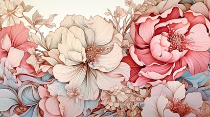 A illustration of big, pastel flowers.