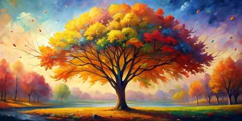 Abstract Autumn Forest Painting , Artistic Nature Illustration with Trees and Leaves, Beautiful Fall Landscape on Canvas with Blue Sky and Sunlight