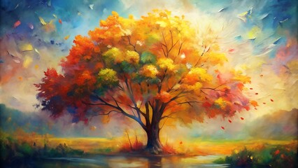 Abstract Autumn Forest Painting , Artistic Nature Illustration with Trees and Leaves, Beautiful Fall Landscape on Canvas with Blue Sky and Sunlight