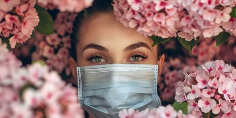 Woman in medical mask surrounded by flowers representing allergy awareness. Concept Health, Allergy Awareness, Medical Mask, Flowers, Woman