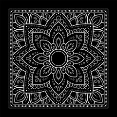 Decorative pattern of flowers and paisley for printing on fabric. Ornament for a bandana, a silk neckerchief, a tablecloth or a kerchief. Square sketch in tribal or oriental style.