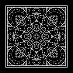 Decorative pattern of flowers and paisley for printing on fabric. Ornament for a bandana, a silk neckerchief, a tablecloth or a kerchief. Square sketch in tribal or oriental style.