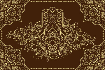 Stylized with henna tattoo decorative pattern for decorating covers book, notebook, casket, postcard and folder. Mandala, Hamsa and border in mehndi style. Frame in the eastern tradition.