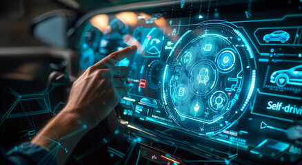 A close-up of the driver's hand on an interactive screen inside a self-driving car, displaying data and holographic icons representing electric vehicles