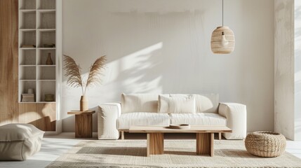 Living room interior with minimalist Scandinavian decor, featuring light wood furniture and neutral tones.