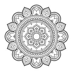 Circular pattern in form of mandala with flower for Henna, Mehndi, tattoo, decoration. Decorative ornament in ethnic oriental style. Outline doodle hand draw vector illustration.