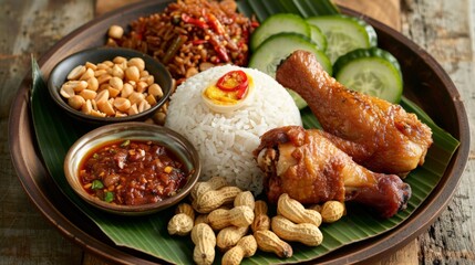 Malaysian nasi lemak platter with coconut rice, fried chicken, peanuts, and sambal.
