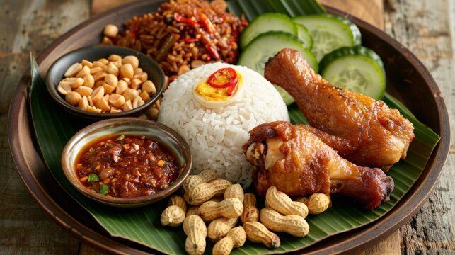 Malaysian nasi lemak platter with coconut rice, fried chicken, peanuts, and sambal.