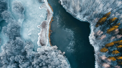 A frozen river with trees in the background