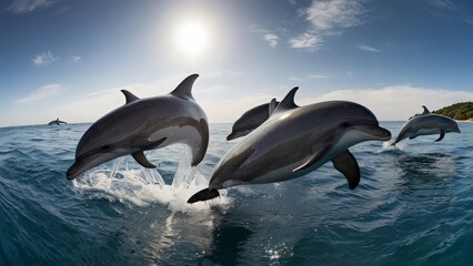 Fototapeta premium A group of dolphin at the ocean with wide angle view