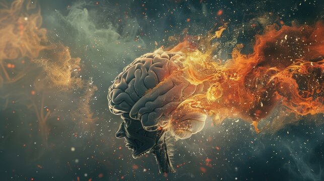 Brainstorming concept. 3D illustration of the human brain with fire effect