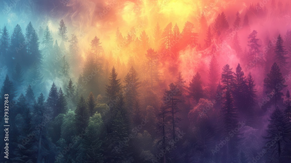 Aufkleber chromatic fog enveloping a dense forest, with colorful mist creating a mystical and surreal atmosphe